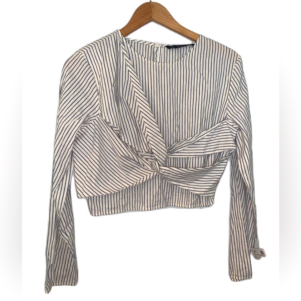 Zara Basics Blue & White Striped Long Sleeve Crop Size Large